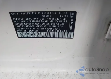 2013 Volkswagen Jetta Gli Autobahn W/Nav z USA, uszkodzony, nr VIN 3VW4T7AJ7DM443707